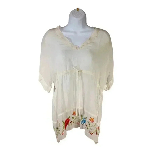 Johnny Was Embroidered  Top Tie Front Ivory Floral Rayon Short Sleeve Women's XS - Picture 3 of 6